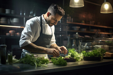 Male chef garnishing food with herb under light at commercial kitchen