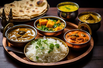 Indian Lunch / Dinner main course food in group includes Paneer Butter Masala, Dal Makhani, Palak Paneer, Roti, Rice etc, Selective focus - obrazy, fototapety, plakaty