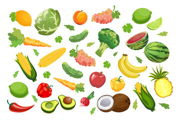 Big set of fruits and vegetables. Food, agriculture illustration, vector