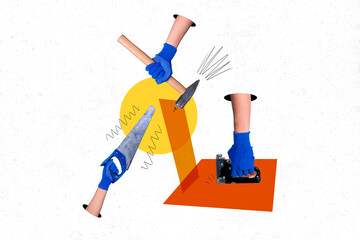 Collage image of people arms gloves hold equipment hit hammer cut saw nail gun isolated on creative white background
