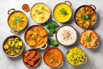 Indian ethnic food buffet on white concrete table from above: curry, samosa, rice biryani, dal, paneer, chapatti, naan, chicken tikka masala, mango lassi, dishes of India for dinner background