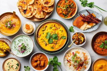 Indian ethnic food buffet on white concrete table from above: curry, samosa, rice biryani, dal, paneer, chapatti, naan, chicken tikka masala, mango lassi, dishes of India for dinner background - obrazy, fototapety, plakaty