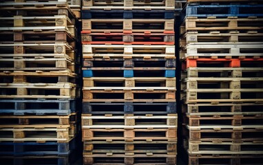 Industrial wooden pallets with colored markings organized in rows