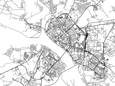 Vector road map of the city of Kostroma in the Russian Federation with black roads on a white background.