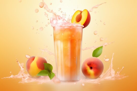  a glass of peach juice with a slice of peach on the rim and a splash of water on the top of the glass with peaches on a yellow background.