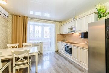 interior apartment kitchen and dining room, refectory area, cooking equipment, table furniture, stove