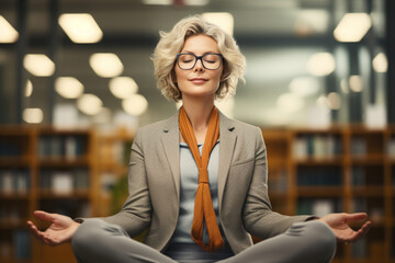 Stress resistance, relaxation, zen and mental health concept. Calm middle-aged business woman meditating in office at work