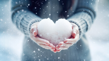 This image features a snow heart cradled in hands, symbolizing winter's tenderness and romance, ideal for Valentine's Day.