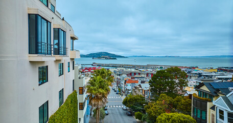 San Francisco neighborhood with Alcatraz Island aerial view of the bay, CA