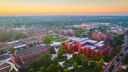 Ball State University wide campus sunrise aerial Muncie, Indiana