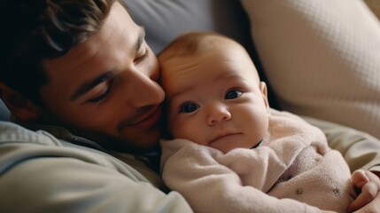 Heartwarming scene of a father and child on the sofa.