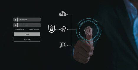 Fingerprint scanner, cyber security and privacy concept to protect data Lock icon, technology,...