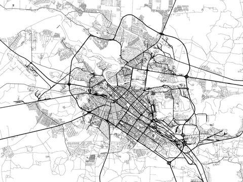 Vector road map of the city of Tyumen in the Russian Federation with black roads on a white background.