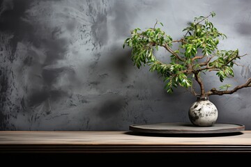  a potted plant sitting on top of a wooden table next to a gray wall and a wooden tray with a black and white vase sitting on top of a wooden table.