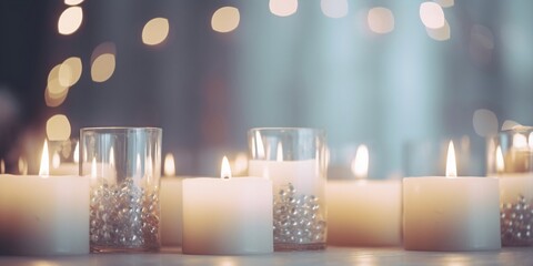 Candle lights at the edge of blurred festive background, decorative golden shiny candle lights