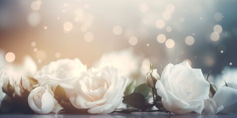 Colorful of glitter bokeh and blur soft focus of white flowers abstract background. Wedding, love and romantic concept.