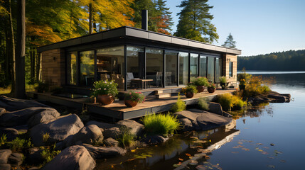 Modern shipping container house home, tiny house near lake in sunny day. Shipping container houses is sustainable, eco-friendly living accommodation or holiday home