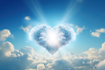  a heart shaped cloud in the middle of a blue sky with a bright beam of light coming out of the center of the cloud in the shape of a heart.