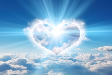  a heart - shaped cloud in the middle of a blue sky with bright beams of light coming out of the center of the heart in the middle of the clouds.