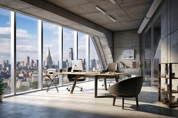 Contemporary concrete office interior with city view, daylight, furniture and equipment.
