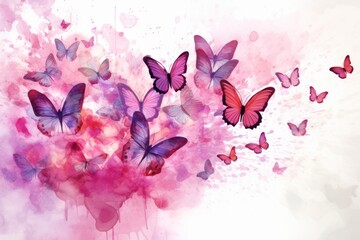  a group of pink butterflies flying in the air with a splash of paint on the wall behind them and a splash of pink paint on the wall behind the butterflies.