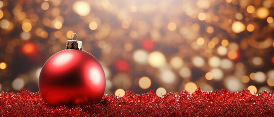 Christmas Tree red Ball And gold Bokeh Background. - obrazy, fototapety, plakaty
