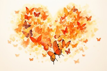  a group of orange butterflies in the shape of a heart on a white background with a splash of watercolor on the left side of the image and on the right side of the image.