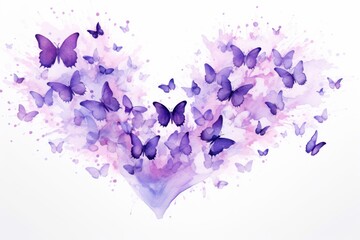  a watercolor painting of a heart made up of purple butterflies on a white background with the words love written in the middle of the heart and bottom half of the heart.