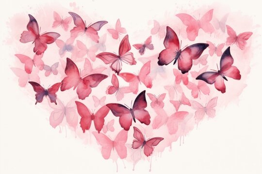  a group of pink butterflies flying in the shape of a heart on a white background with a splash of pink paint on the bottom half of the image and bottom half of the heart.