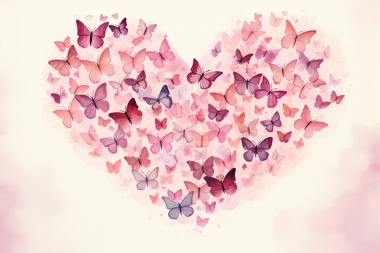  a heart shape made up of many pink butterflies on a white background with a pink and pink watercolor effect to the left of the heart and the right side of the image.