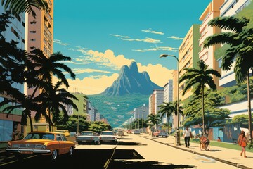  a painting of a city street with cars parked on the side of the road and people walking on the side of the street and palm trees on the side of the street.
