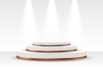 White podium with gold trim for product presentation on a white background. 3D illustration, vector