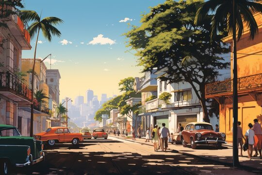  a painting of a city street with cars parked on the side of the street and people walking on the sidewalk in front of the buildings and palm trees on the side of the street.