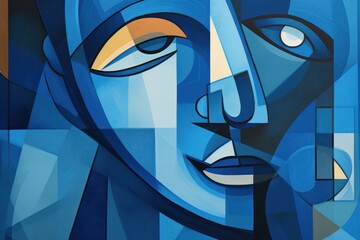  a painting of a woman's face painted in blue and orange tones with a geometric pattern of squares and rectangles on the bottom half of her face.