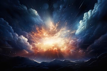  a painting of a sky filled with clouds and a bright light coming out of the center of the sky in the center of the image is a starburst. - obrazy, fototapety, plakaty