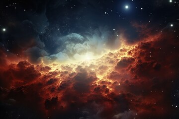  a computer generated image of a red and yellow cloud in the night sky with stars in the sky and a bright light in the middle of the clouds in the sky.