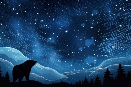  a bear standing on top of a snow covered hill under a night sky with stars and the moon in the sky and the stars in the sky above the trees.