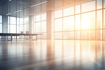 Fototapeta premium Blurred empty open space office. Abstract light bokeh at office interior background for design.