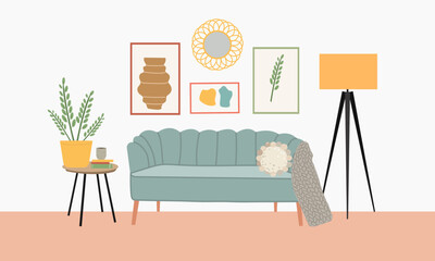 Living room interior design . Comfortable sofa,  furniture ,decorative elements and house plants. Vector flat illustration modern style colorful for different design uses, books, flayers and banner 