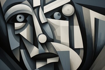  a close up of a painting of a man's face with a black and white geometric pattern on the side of his face and a black and white background.