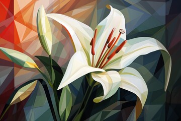  a painting of a white lily with red stamens in the center of the image, with a colorful background of red, orange, yellow, green, yellow, and white colors.
