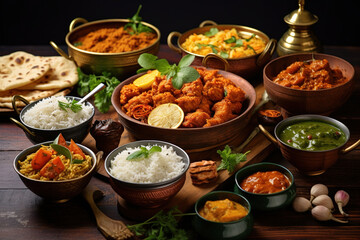 Assorted Indian food on wooden background. Dishes and appetizers of Indian cuisine. Group of Indian food Curry, butter chicken, rice, biryani, paneer, tikka, naan, salad, dessert, chutney and spices. - obrazy, fototapety, plakaty