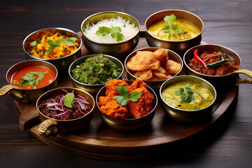 Assorted Indian food on wooden background. Dishes and appetizers of Indian cuisine. Group of Indian...