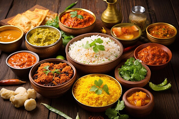 Assorted Indian food on wooden background. Dishes and appetizers of Indian cuisine. Group of Indian food Curry, butter chicken, rice, biryani, paneer, tikka, naan, salad, dessert, chutney and spices. - obrazy, fototapety, plakaty