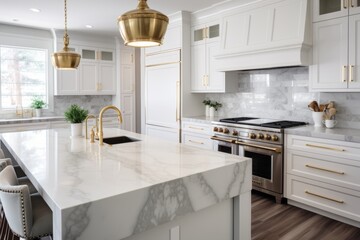 Interior of a modern bright kitchen with an island table and a hob, marble and wood finishes - obrazy, fototapety, plakaty