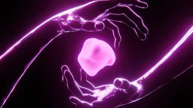 Seamless loop video animation of abstract 3D neon moving cyberpunk laser hands holding a morphing molecule cell, game scenery display, 30 fps 4K retro backdrop