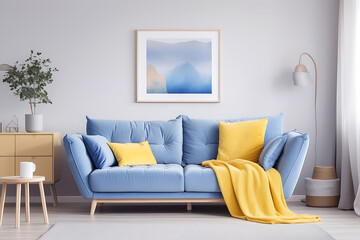 Blue sofa with yellow pillows and blanket again generated by Ai