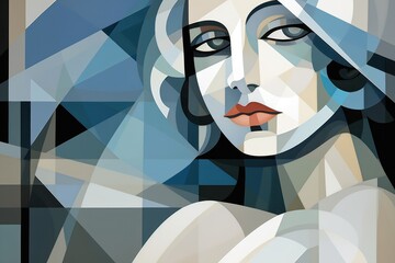  a painting of a woman's face with her eyes closed and her hair pulled back and her eyes closed, with a black background of blue and white shapes. - obrazy, fototapety, plakaty