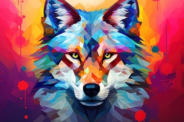  a colorful picture of a wolf's face on a red, yellow, blue, pink, and orange background with a splash of paint splattered paint.