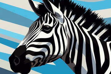  a close up of a zebra's head on a blue and white striped background with a black and white stripe in the center of the zebra's head.